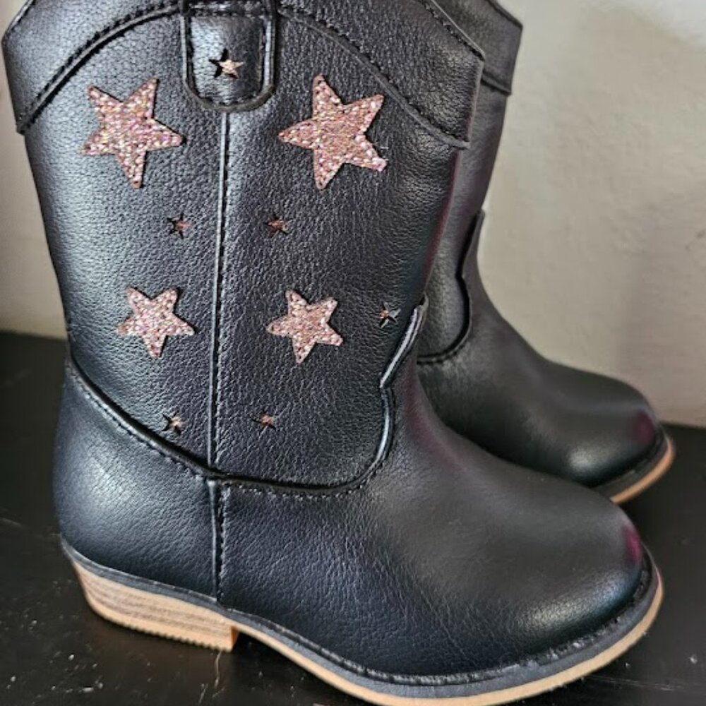 Cat & Jack Cowgirl Black Boots- Sparkly Pink stars